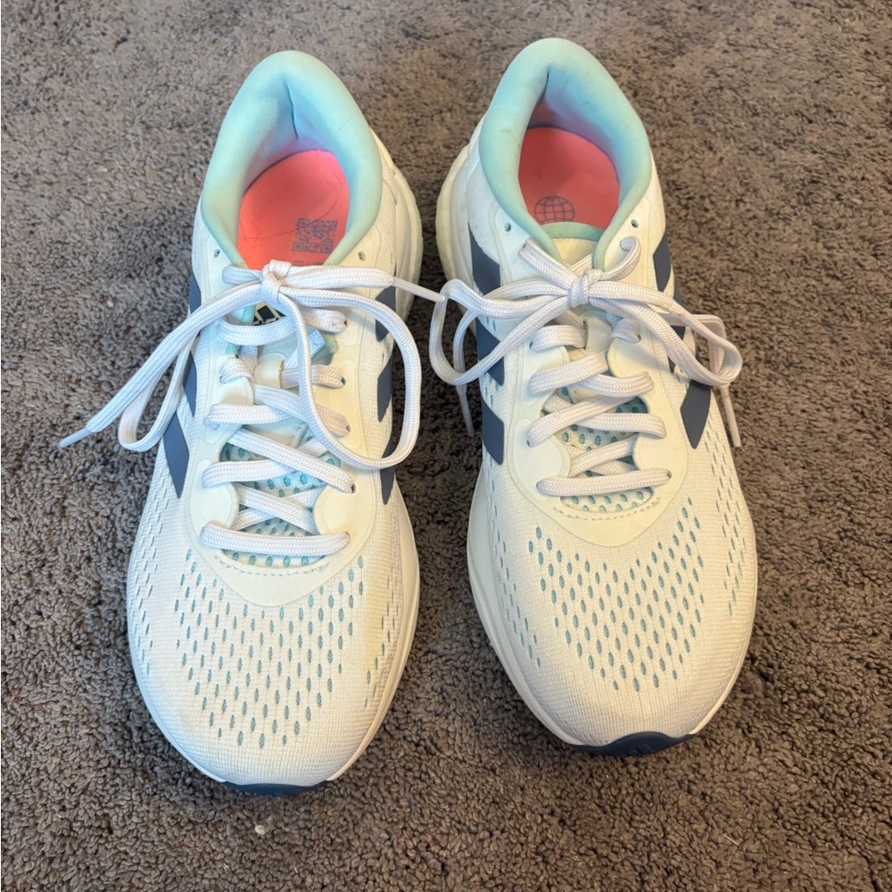 Adidas White and Blue Athletic Shoes with Mesh Upper